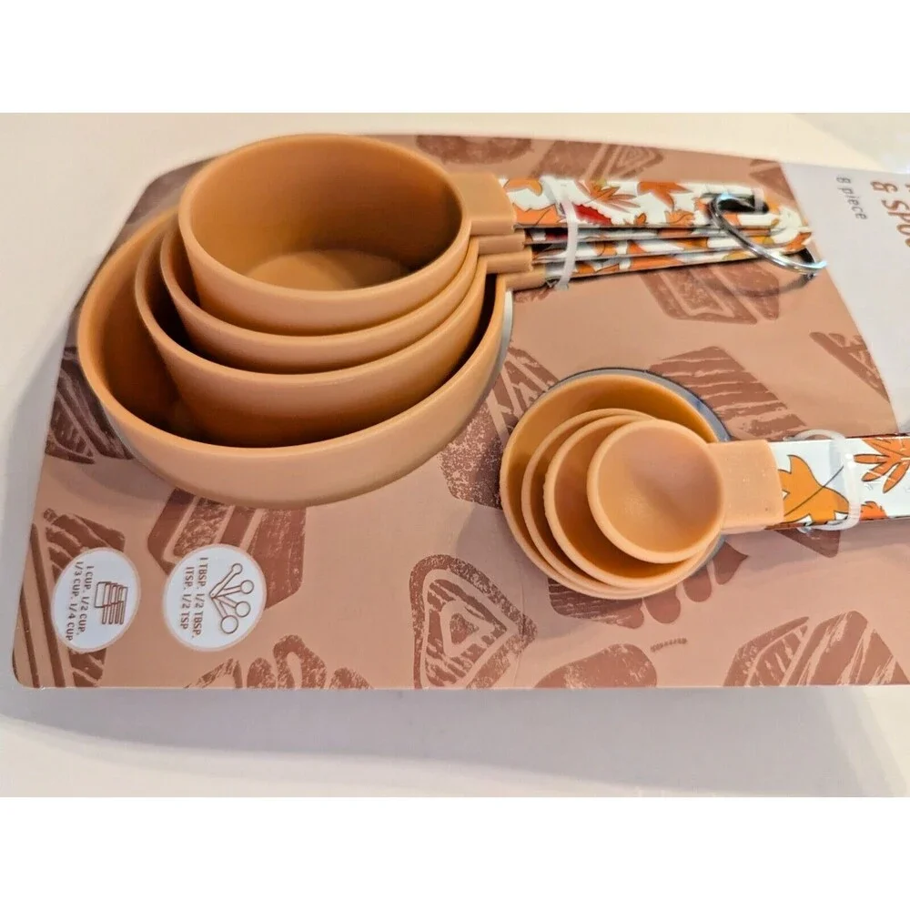 Fall Leaves Measuring Cups and Spoons Plastic Metal Handles Rings Kitchen 8-Pc